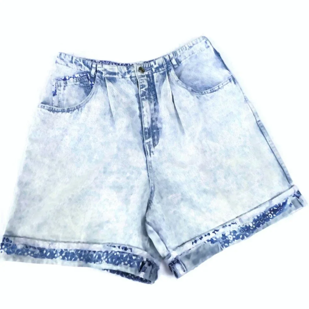 Vintage 80s Denim Shorts High Waist Pleats Light Stone Wash Wide Leg Cotton 30W